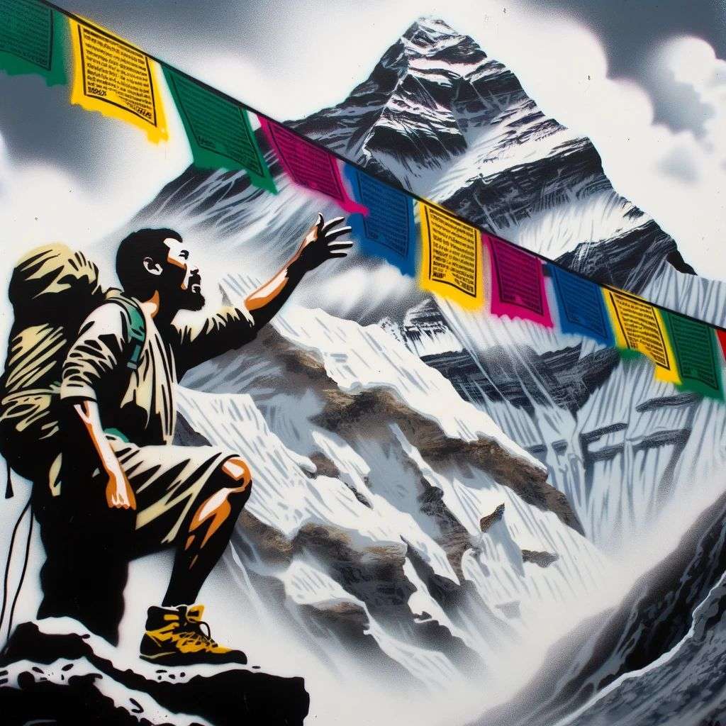 someone gazing at Mount Everest, airbrush painting, stencil art